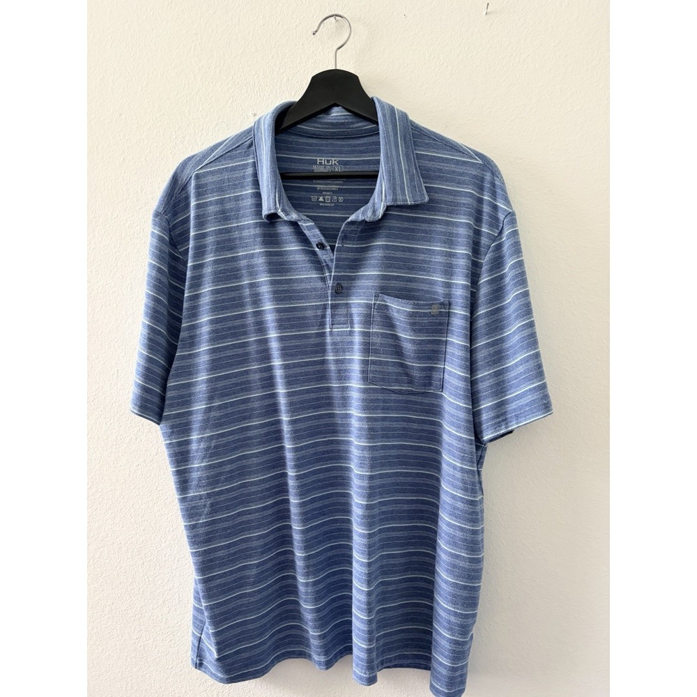 Huk Mens XL Blue Heather Striped Polo Shirt Short Sleeve Pocket Performance
